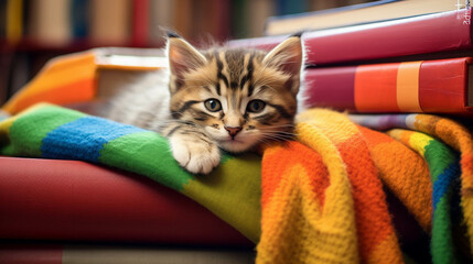 A heartwarming photograph of a kitten laying on a cozy orange and green blanket, surrounded by a stack of colorful children's books. Evoking feelings of warmth and cuteness. Cozy and adorable.