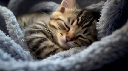 Cute sleeping kitten curled up in a cozy grey blanket. Serene and calming. Good dreams, good night, healthy sleeping.