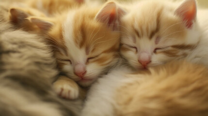 group of kittens cuddled together, peacefully napping.
