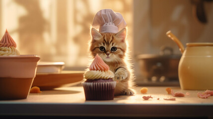 kitten in a chef hat on kitchen table baking cupcake. 
