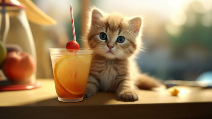 kitten enjoying a coctail with tiny straw