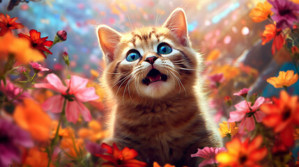 cute red kitten delighted by a colorful garden