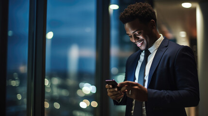 Smiling man in a business suit is looking at his smartphone, standing indoors with the night city lights reflected in the glass window behind him. - obrazy, fototapety, plakaty