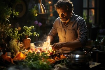 Male chef prepares a delicious, healthy dish
