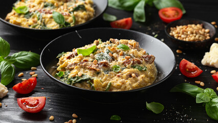 Creamy spaghetti squash pasta with parmesan cheese and sun dried tomato sauce served with pine nuts and basil.