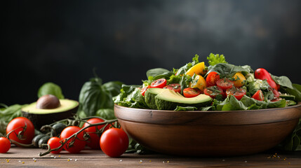 Avocado, tomato and cucumber salad with fresh herbs on dark stone background. Healthy summertime salad. Copy space