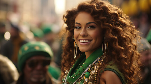 Parade Participants: Woman in vibrant St. Patrick's Day parade, colorful costumes, floats, and cheerful expressions. Concept of Festive Celebration