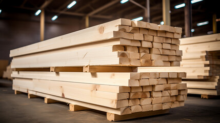 Sawmill. Wooden planks at a sawmill or in a carpentry workshop. Sawing and drying of wood....