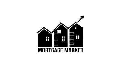 Mortgage market symbol, market indicator arrow above house roofs