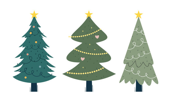 Collection of Christmas trees with decorations. Colorful vector illustration in flat cartoon style