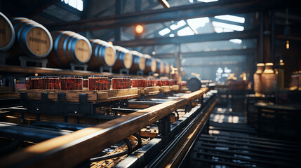 Beer bottles on the conveyor belt - obrazy, fototapety, plakaty