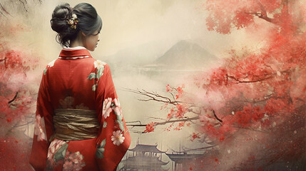 Back view of a traditional dressed young japanese woman in a beautiful landscape background 