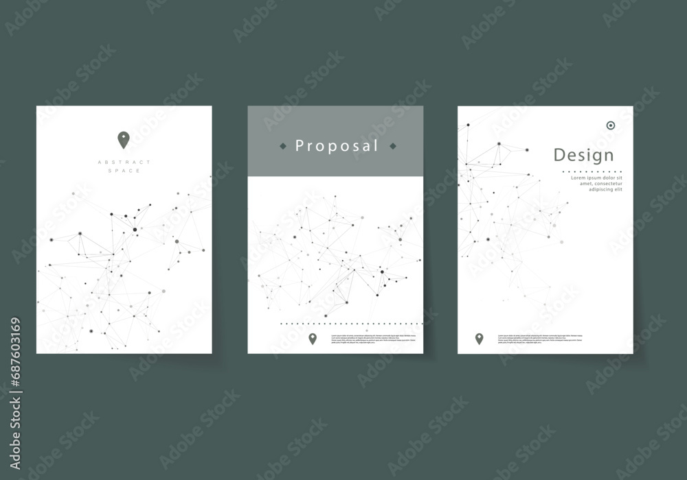 Aufkleber Technology vector templates for brochure cover in A4 size. Abstract geometric background with connected shapes lines and dots. Business, science, medicine design