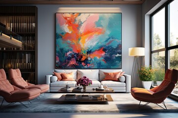 living room with large canvas, interior with furniture 