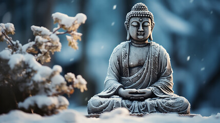 A stone statue of Buddha under snowfall in the winter season in the forest
