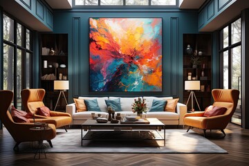 modern living room, large canvas in the center and elegant setup
