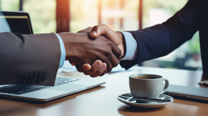 Two individuals are shaking hands over an office desk , signifying a professional agreement or partnership. - obrazy, fototapety, plakaty