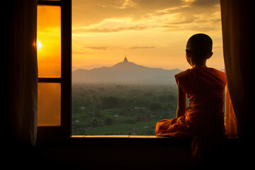 A Buddhist boy sits on the windowsill in the lotus position and looks at the sunrise