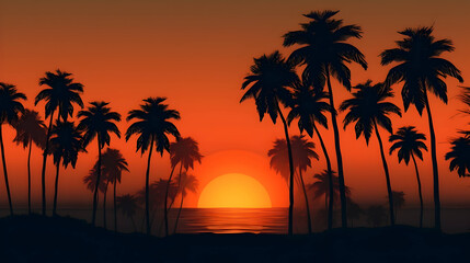 Tropical palm trees silhouette silhouetted by sunset of sunrise,Generative Ai