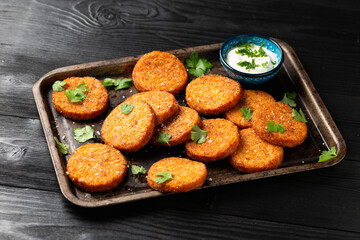 Sweet potato Hash brown with sauce and herbs