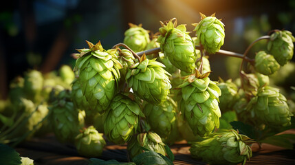 Green ripe hop cones on the plantation