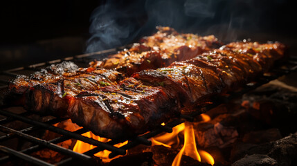 Grilled juicy sausages on a grill with fire. Shallow depth of field