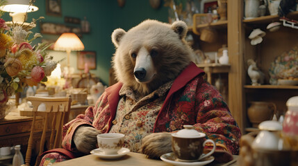 Bear  Having a Tea Party in a Library:  whimsical tea party in the cozy setting of a library.