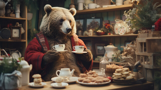 Bear  Having a Tea Party in a Library:  whimsical tea party in the cozy setting of a library.