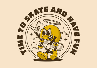 Time to skate and have fun. Walking ball head character holding a skate board