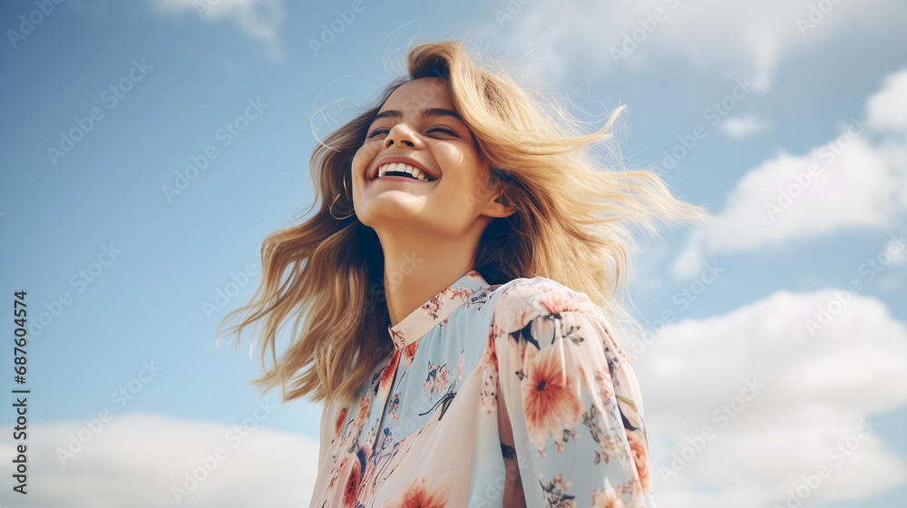 Wall mural Portrait of young european fashionable female model, shot from the side, smiling, looking to the side, vibrant pastel cloud sky background