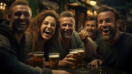 Happy people in a pub with beer in hand. Laughing and smiling. Concept of socializing, good times, and the joyous atmosphere of a lively gathering.