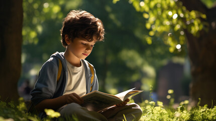 Reading in Nature: Kids reading books, relaxing, or studying in peaceful outdoor environments like parks, by riversides, or under shady trees. - obrazy, fototapety, plakaty