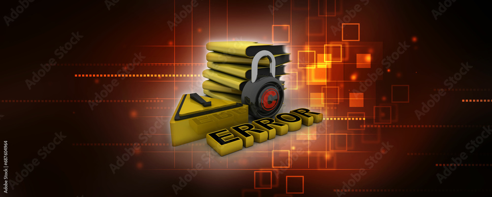 Poster 3d rendering yellow folder and lock. data security concept