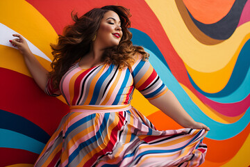 Happy dance plus-size lady overweight woman in fashion and colorful dress groovy background