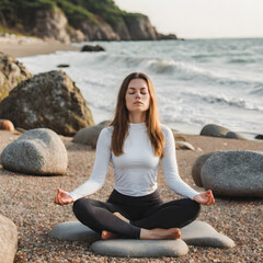 Fototapeta na wymiar a young woman meditating on a rock at the seashore on the beach practicing mindfulness and focused,yoga