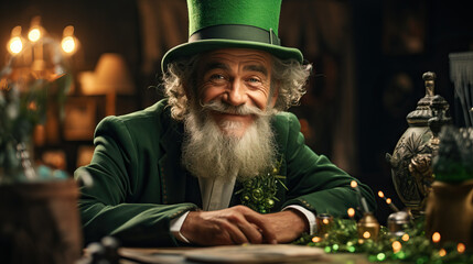Saint Patrick's Day leprechaun sitting at a table. Concept of Irish folklore, mischievous charm, luck of the Irish, celebration