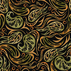 Isolated seamless pattern composed of watercolor-drawn fictitious plants, their leaves and stems on a black background