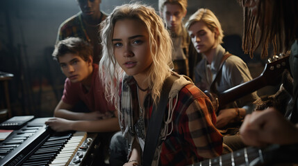 Fototapeta premium Teenagers dressed in grunge fashion with ripped jeans and flannel shirts, playing musical instruments in a garage, reminiscent of the 90s music scene.