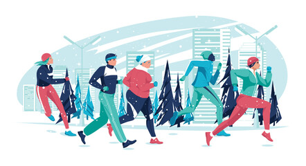 A group of people of different ages, races, weights running on a city street in winter. Marathon, sports competitions, hobbies. Vector flat illustration