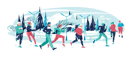 Group of people of different ages, races, weights running in city park in winter. Marathon, sports competitions, hobbies. Vector flat illustration