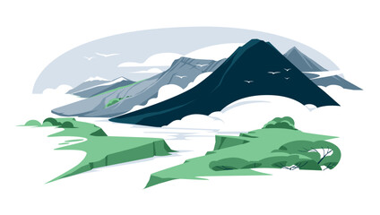 Fog and clouds mountain river landscape. Travel and adventure. Vector flat illustration.