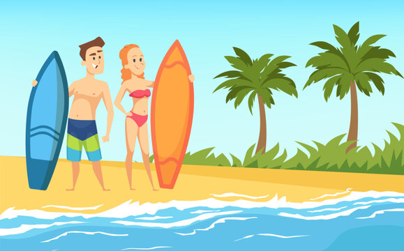 Surf characters. Man and woman surfers standing on beach holding surfboards. Vector picture