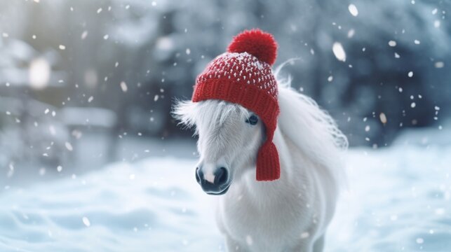 Pony with red winter hat at snowy background outdoor.Generative AI