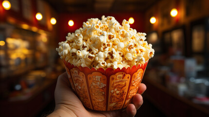 Hand holding a bucket of popcorn in a movie theater. Concept of entertainment, cinematic experience, indulgence