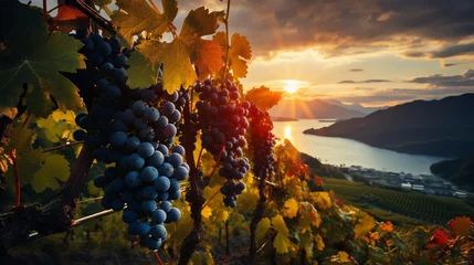 Fotobehang White grapes on a vine in a vineyard on a sunset © alexkich