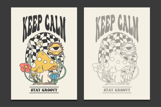 retro 70s posters or keep calm and stay groovy t-shirt design template, vector illustration