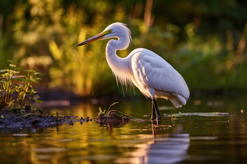 Egret is looking for food in wetland conservation and sustainability