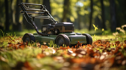 Lawnmower in the grass with fall leaves. Close-up. Concept of seasonal yard maintenance, autumnal chores, transitioning seasons. - obrazy, fototapety, plakaty