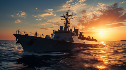 The military ship on sea at sunrise. - obrazy, fototapety, plakaty