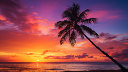 Naklejka premium Silhouette of palm trees at sunset, vintage filter